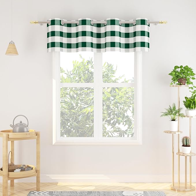 3 Pieces Tier Curtains and Valance Set Buffalo Check Kitchen Tiers Plaid Gingham Grommet Top Classic Short Small Cafe Curtains Country Farmhouse Cafe Bathroom 54"x18"/32"x36" Dark Green & White