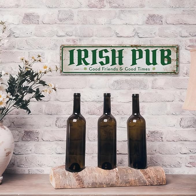 Rustic Bar Decor Metal Wall Sign, “Irish Pub – Good Friends & Good Times” Vintage Tin for Wet Bar, Lounge, Kitchen or Entryway, Weather-Resistant, 15.8 x 4 Inch