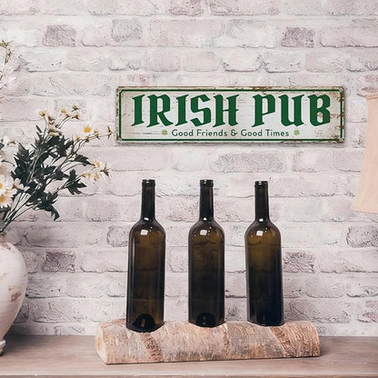 Rustic Bar Decor Metal Wall Sign, “Irish Pub – Good Friends & Good Times” Vintage Tin for Wet Bar, Lounge, Kitchen or Entryway, Weather-Resistant, 15.8 x 4 Inch
