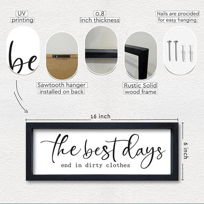 Laundry Room Wall Decor 16"×6" The Best Days End In Dirtiest Clothes Sign Funny Modren Bathroom Large Plaque Wood Framed Wall Hanging Art (Black)