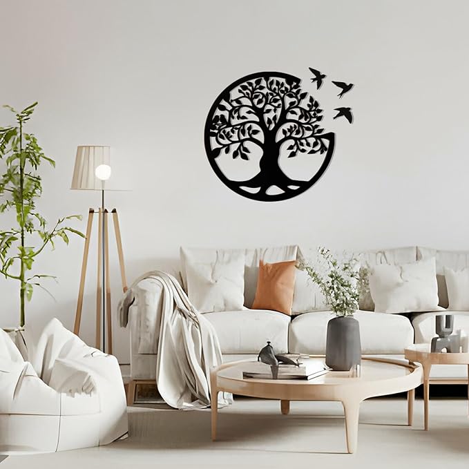 Tree of Life Wall Art Wooden Tree Life Wall Decor with Three Birds 12 Inch Round Family Tree Life Wall Hanging Plaque for Bedroom Living Room Kitchen Office Farmhouse Decor Indoor Outdoor (Round Tree of Life - Black)