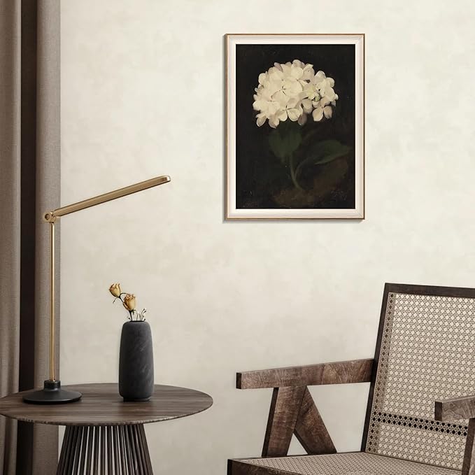 Framed Flower Wall Art, Vintage White Hydrangea Still Life Floral Art Prints, Moody Vintage Canvas Oil Painting, Antique Botanical Floral Wall Decor Pictures for Bedroom, Kitchen, Shelf, Bathroom Wall Decor - 16x24Inch