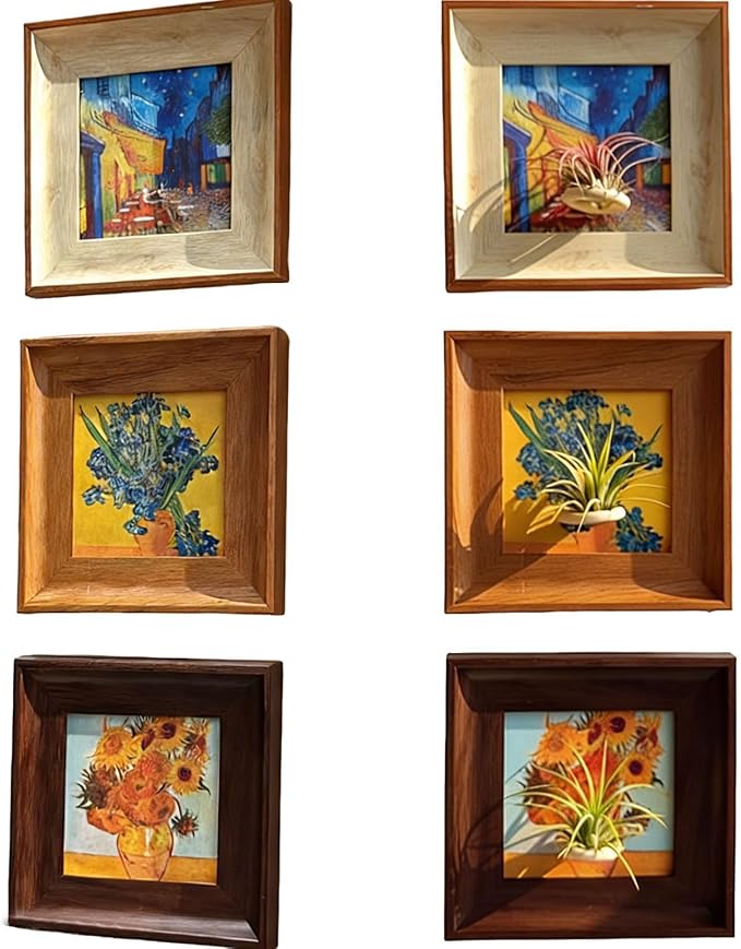 2-in-1 Magnetic Van Gogh Wall Art & Air Plant Holder Frame 3 pack Floating Airplant Holder No-Drill with Famous Prints (Café Terrace, Irises, Sunflowers) for Living Room Bedroom Home Decor Lover Gift