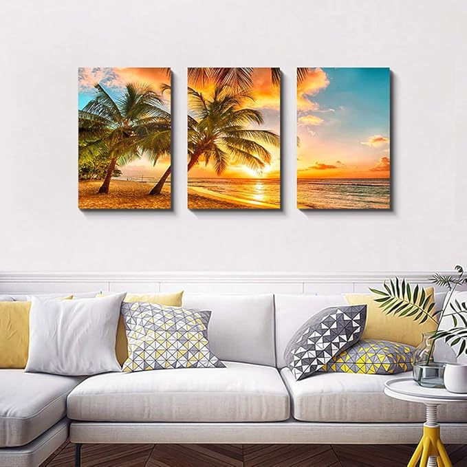 Golden Seascape Ocean Beach Wall Art Cozy Sea Artwork Modern Ocean Sunset Sea Beach Canvas Prints Pictures Paintings on Canvas Wall Art for Home Decor 5 Panels Gallery Wrapped Tropical Scenery