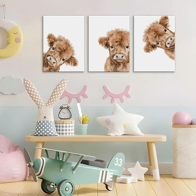 AOYUSMO 3 Piece Cute Highland Cow Canvas Wall Art Nursery Funny Animal Framed Wall Art Baby Cow Pictures Wall Decor Kids Animals Art Prints for Children's Room Bedroom 16"x24"