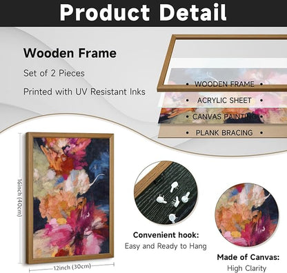 Colorful Abstract Wall Art Decor Modern Flower Canvas Wall Art Abstract Flower Pictures Painting Modern Colorful Artwork Posters Abstract Prints for Living Room Bedroom 12x16 Inch Framed Set of 2