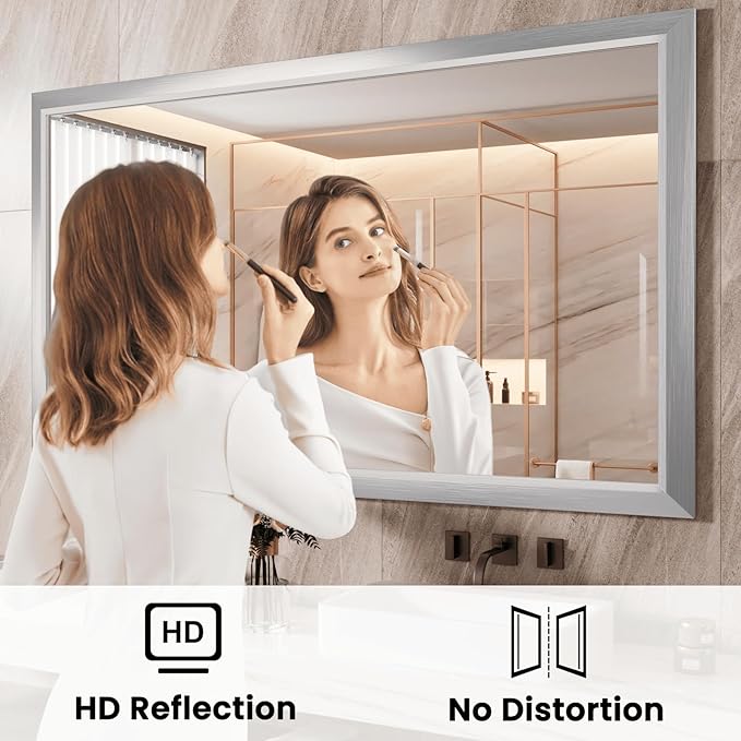 Amorho Bathroom Mirror, 55x32 Inch Silver Thick Metal Framed Wall Mirrors for Over Sink, Brushed Nickel Mirror Perfect for Bedroom, Living Room, Entryway, Rectangle (Horizontal/Vertical).