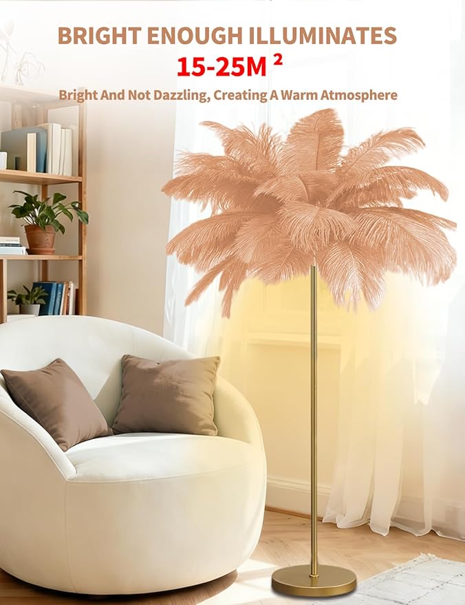 Feather Floor Lamp,Fluffy Ostrich Feather Floor Lamp for Bedroom,3 Color Temperatures Led Corner Modern Floor Lamps for Living Room Christmas Home Decor House Warming Gifts,63″ Height (Champagne)