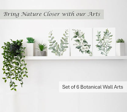 Induslyfe Framed Eucalyptus Sage Green Botanical Plant Wall Art Canvas Decor Set of 6, Nature Wall Art Prints Posters, Flower Wall Art for Bathroom Bedroom Living Room 9x12