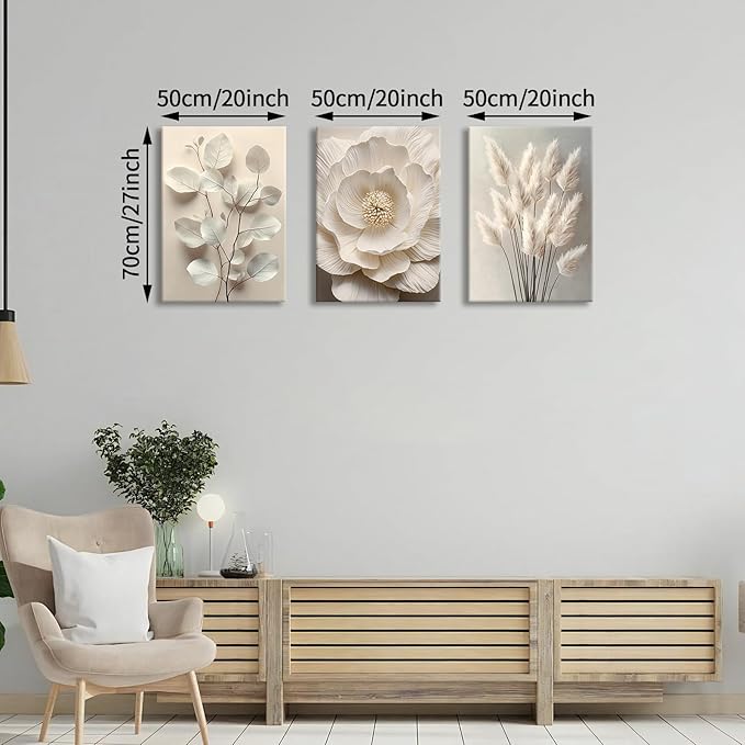 3Pcs Beige Floral Botanical Frame Canvas Wall Art, Neutral Textured Flower Plant Wall Painting Picture Wall Decor Vintage Blossom Posters Prints for Bedroom Living Room Reay to Hang 20"x28"x3Pcs
