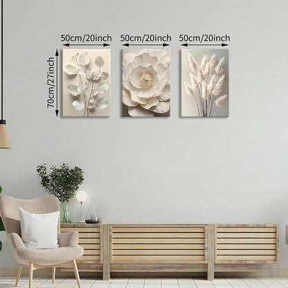 3Pcs Beige Floral Botanical Frame Canvas Wall Art, Neutral Textured Flower Plant Wall Painting Picture Wall Decor Vintage Blossom Posters Prints for Bedroom Living Room Reay to Hang 20"x28"x3Pcs