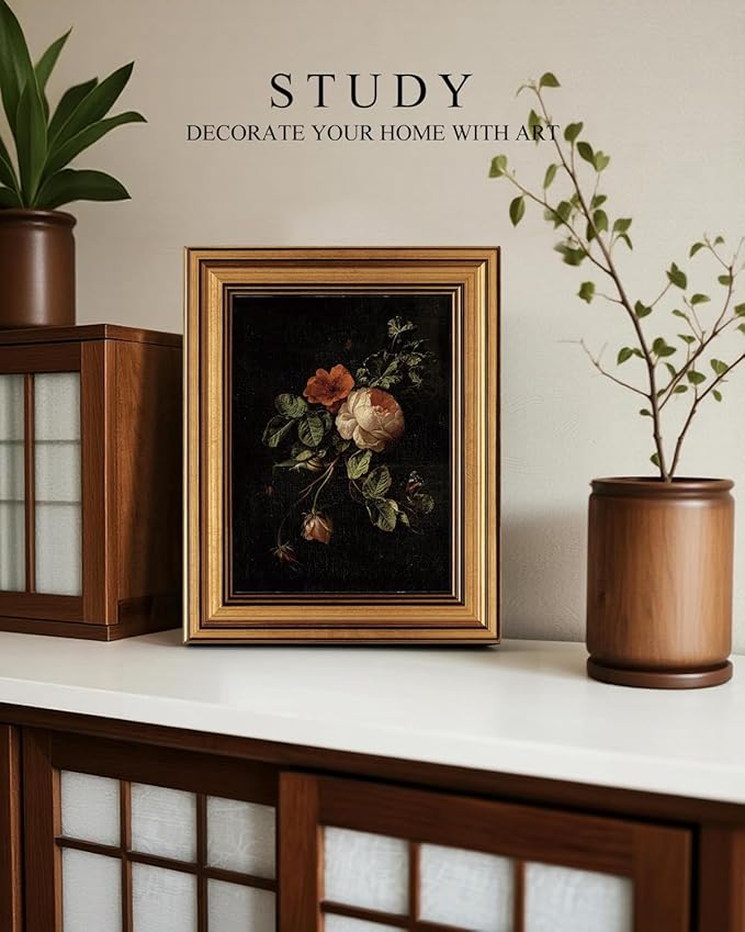 VIYYIEA Vintage Gold Framed Floral Wall Art, Dark Botanical Academia Moody Canvas Decor, Aesthetic Classical Roses Still Life Pictures, Victorian Picture Wall Decor for Gallery Bathroom Bedroom, 8x10inch