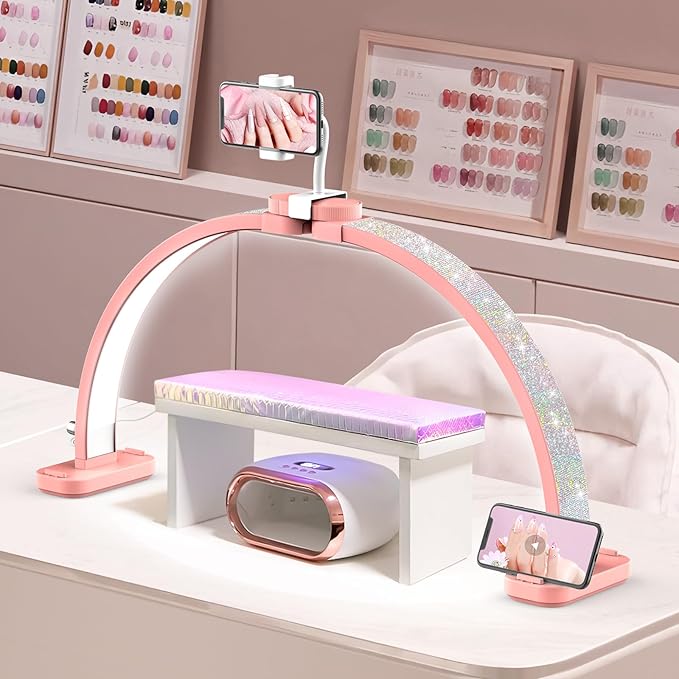 LIONVISON Half Moon Light for Nail Tech: 31 inch Lash LED Lamp with Phone Holder - 48W Foldable Arch Lights for Eyelash Tech - Manicure Handicraft Lighting for Spa,Salon
