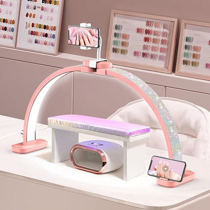 LIONVISON Half Moon Light for Nail Tech: 31 inch Lash LED Lamp with Phone Holder - 48W Foldable Arch Lights for Eyelash Tech - Manicure Handicraft Lighting for Spa,Salon