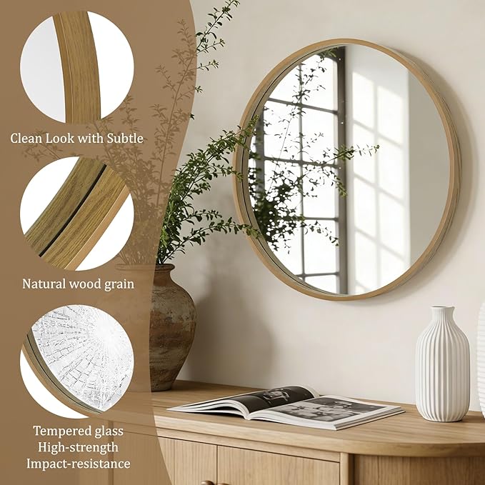 WallBeyond Round Wood Mirror 24 inch Circle Wall Mirror for Bathroom Round Wall Mirror for Wall Decor, Vanity, Entryway Living Room (Natural)
