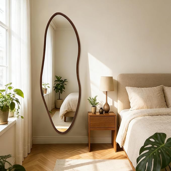 Irregular 65"x22" Wood Frame Full Length Mirror, Long Wall-Mounted Mirrors, Large Body Hanging Mirror for Living Room, Decorative Vanity Mirrors for Entryway, Bedroom,Horizontal/Vertical, Walnut