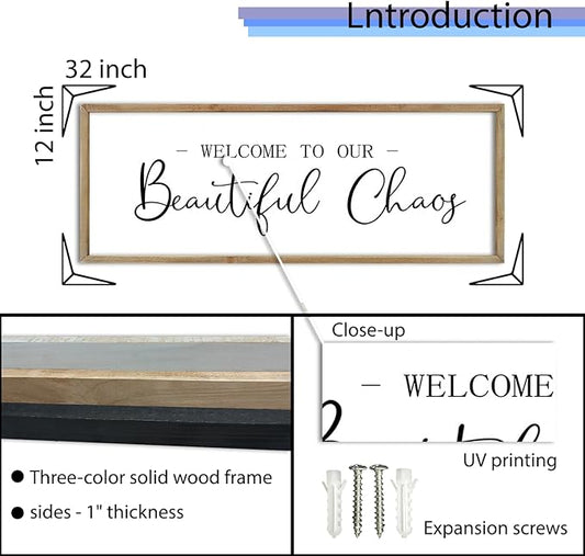 FZMHASLWW Welcome To Our Beautiful Chaos Sign Wall Decor 32"×12" Family Wooden Plaque for Living Room Entryway Hanging Wall Art (Wood)