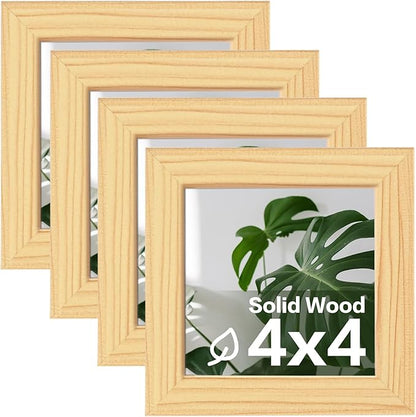 Egofine 4x4 Picture Frames Set of 4, Made of Solid Wood Covered by Plexiglass Display 4x4 for Table Top Display and Wall Mounting Photo Frame, Natural Wood