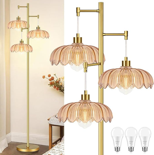 AHDWDW Gold Floor Lamp for Living Room Bedroom,Modern Floor Lamps with Unique Amber Glass Shades,68IN Mid Century Tall Flower Standing Lamp,Vintage 3 Lights Tree Floor Lamp for Corner Office Reading