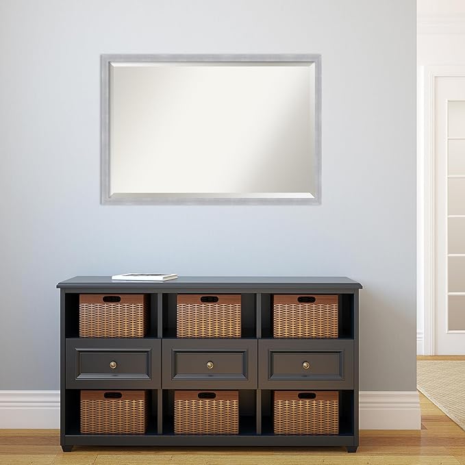 Amanti Art Silver Bathroom Mirror for Over Sink, 26x38 Grace Brushed Nickel Narrow Rectangle Vanity Mirror, Large Modern Frame, Hangs Horizonally and Vertically, Bathroom Wall Decor, Beveled Edge