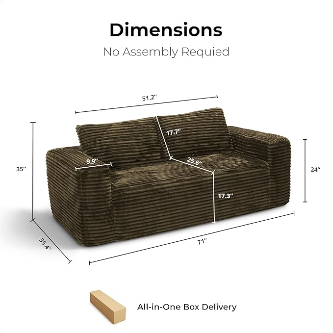LIKIMIO Liorin Plush 71" Luxury Corduroy Boneless Cloud Couch, No Assembly Small Space Loveseat for Apartment, Office & Living Room, Brown