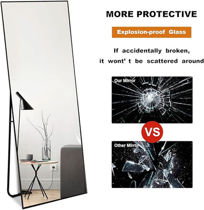 NeuType Full Length Mirror, 59"x16" Full Body Mirror with Stand Floor Mirror Full Length Standing Mirror Wall-Mounted Mirror Hanging or Leaning Against Wall Aluminum Alloy Thin Frame (Black)