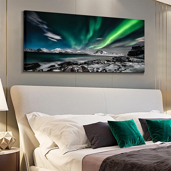 Northern Lights Canvas Print Large Green Picture Aurora Borealis Canvas Wall Art Painting for Living Room SnowyMountainsLandscape Poster Picture Wooden Framed Prints Ready to Hang