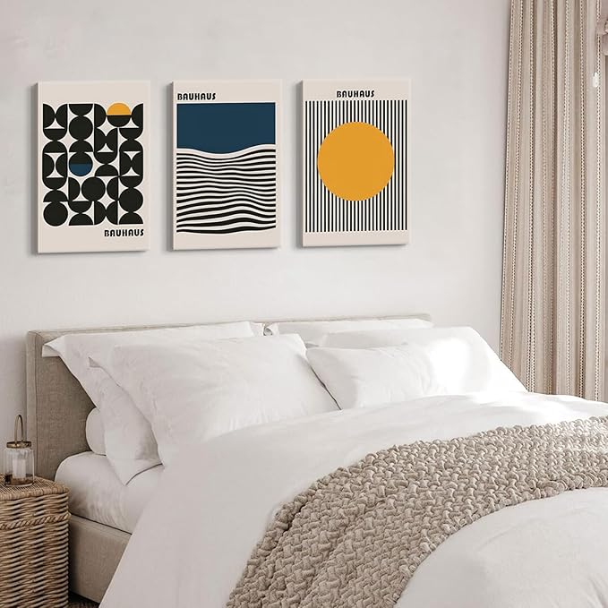 3Pcs Bauhaus Style Wall Art Bohemian Abstract Wall Decor Minimalist Canvas Mid Century Moderngeometry Poster Prints Painting Picture Suitable for Living Room Bedroom （12x16 Canvas）