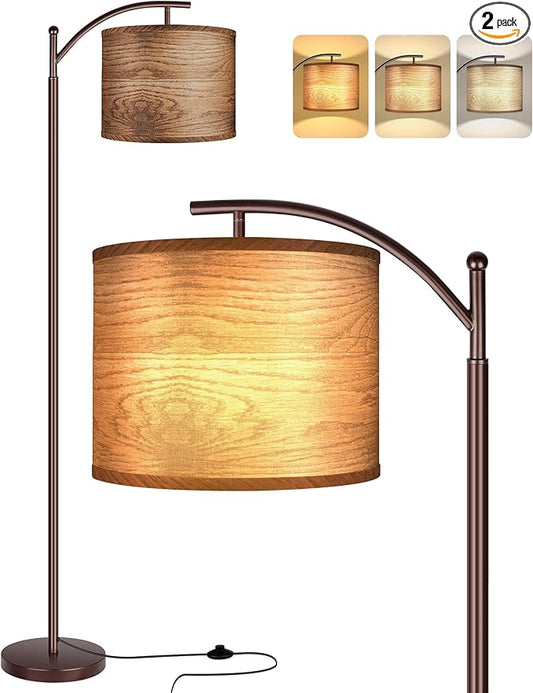 Floor Lamp for Living Room, LED Standing Lamp Tall Industrial Floor Lamp Reading for Bedroom, Office (9W LED Bulb, Wood Grain Lampshade Included) - Oil-Rubbed Bronze