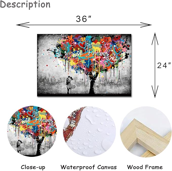 Artmyharbor Heart Tree Painting Graffiti Wall Art Bedroom Wall Decor 24 x 36 inches