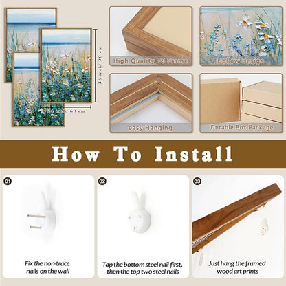 Extra Large Blue Floral Wall Art Framed Artwork for Living Room Bedroom Bathroom Blue Flowers Bloom Painting by The Seaside 24x36 Inches Set of 3