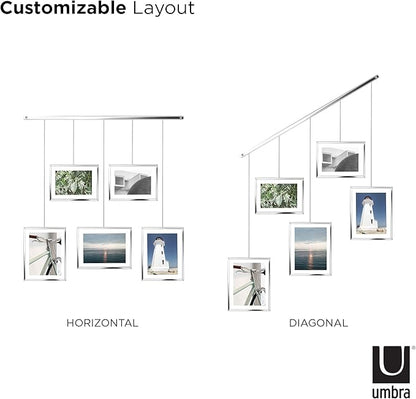Umbra Exhibit Picture Frame Gallery Set, Adjustable Wall Collage Displays Five Photos (Two 4x6 and Three 5x7), Set of 5, Chrome