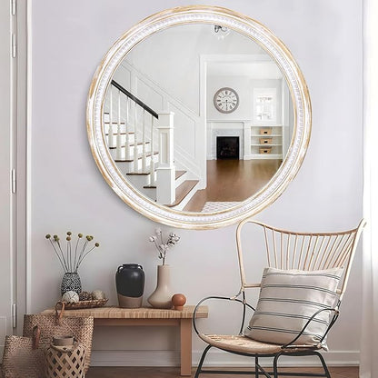 HOITUZYUS Farmhouse Round Wood Mirror 30 Inch, Rustic Boho Circle Decorative Mirrors for Bathroom, Living Room, Entryway, Bedroom, Hallway
