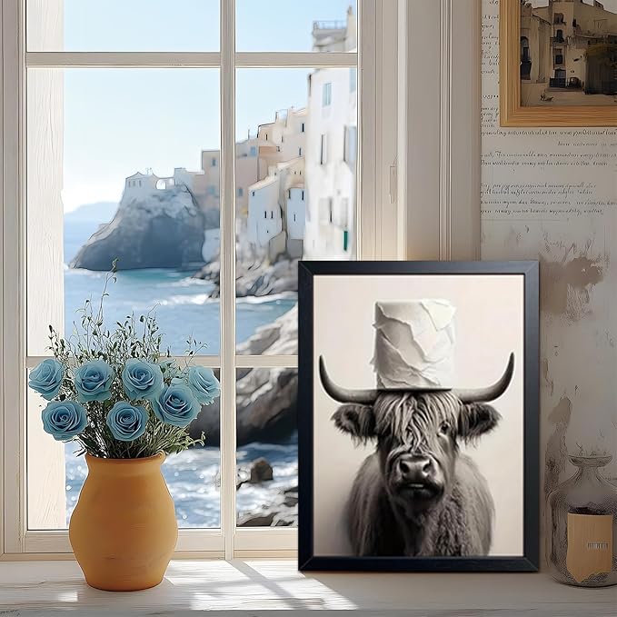ARKZSHO Black and White Bathroom Wall Art, Funny Highland Cow Canvas Poster Print Picture, Modern Farmhouse Wall Decor Painting, Cute Animal Bathroom Restroom Home Decoration 12x16 Inch Wood Framed