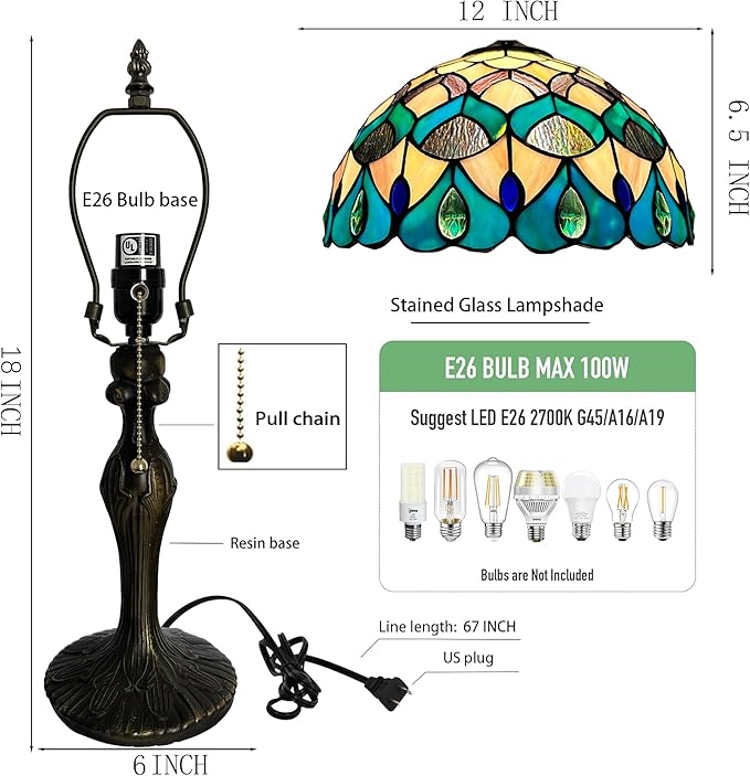 Tiffany Lamp Stained Glass Table Lamp Bedside Reading Lamp 12 x 19” Blue Phoenix Tail Style Decorative Lamp for Desk Study Living Room Bedroom Office Decor Gift
