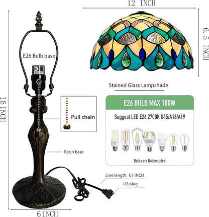 Tiffany Lamp Stained Glass Table Lamp Bedside Reading Lamp 12 x 19” Blue Phoenix Tail Style Decorative Lamp for Desk Study Living Room Bedroom Office Decor Gift