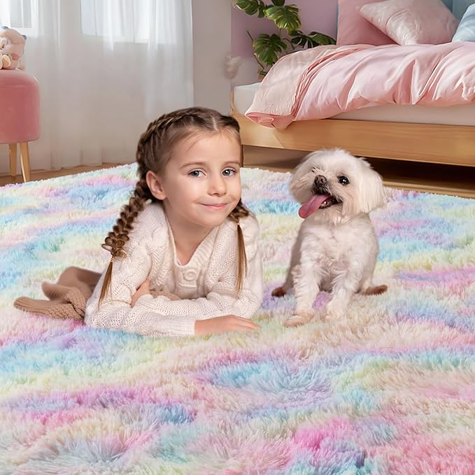qulint 3x5 Area Rug for Bedroom, Fluffy Soft Nursery Rug for Girls Small Fuzzy Plush Colorful Rugs, Shaggy Carpet for Kids Room Dorm Living Room Home Decor (3ft x 5ft, Rainbow)