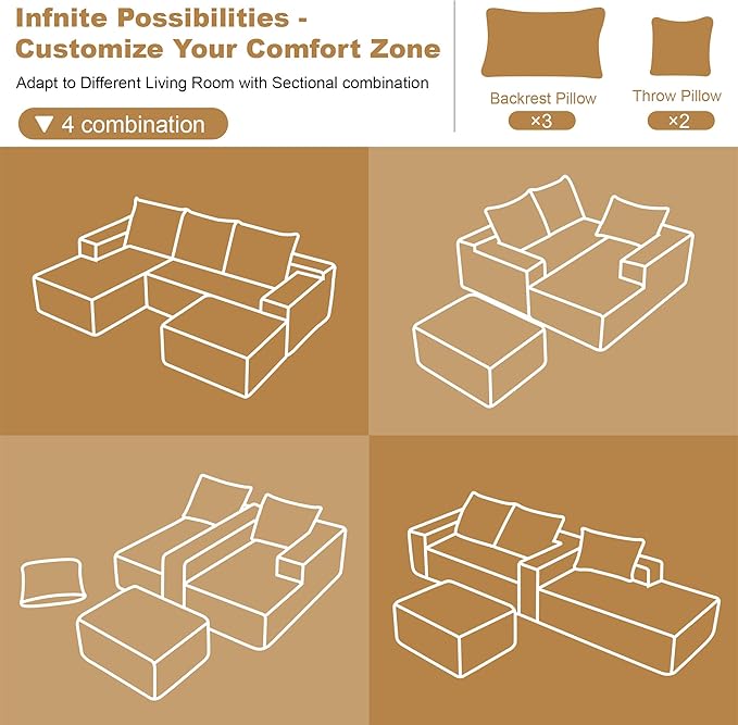108" Sectional Couches for Living Room Cloud Couch Sofa with L-Shape Upholstered Boneless Couchs Modern Modular Sectional Couch with Chaise (Camel, 108" Left Facing Chaise+2Seaters+1Ottoman)