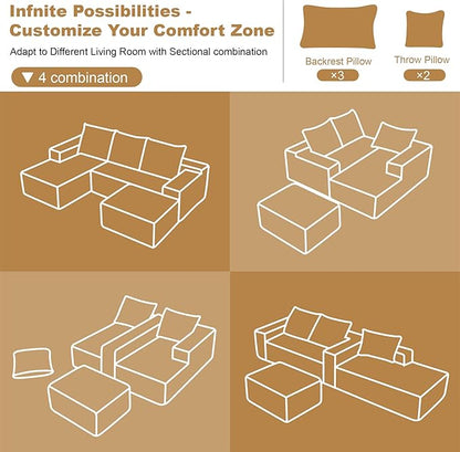 108" Sectional Couches for Living Room Cloud Couch Sofa with L-Shape Upholstered Boneless Couchs Modern Modular Sectional Couch with Chaise (Camel, 108" Left Facing Chaise+2Seaters+1Ottoman)