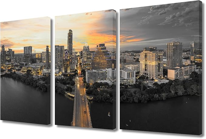 TUMOVO Austin Texas Skyline Wall Decor 3 Panels City Skyline Pictures Wall Decor for Bedroom Skyscrapers Sunset Natural Landscape Wall Decor Living Room Framed Ready to Hang (36" Wx24 H)