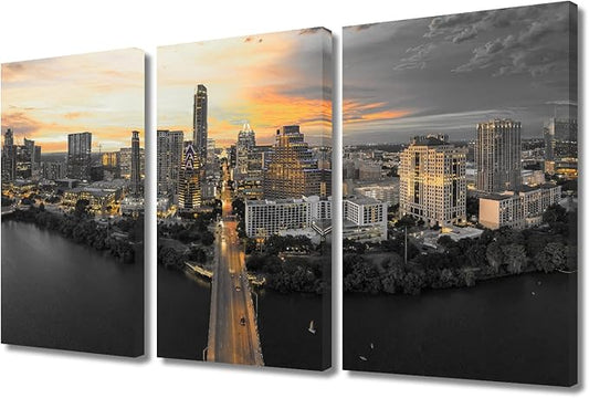 TUMOVO Austin Texas Skyline Wall Decor 3 Panels City Skyline Pictures Wall Decor for Bedroom Skyscrapers Sunset Natural Landscape Wall Decor Living Room Framed Ready to Hang (36" Wx24 H)