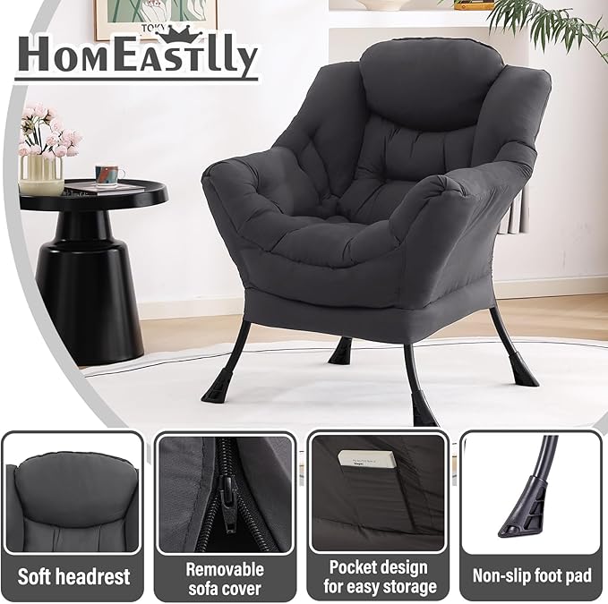 Lazy Chair, Large Accent Chair, Modern Comfy Armchair, Dark Grey Chair for Living Room Bedroom Dorm Room Office Apartment Reading Relaxing Use