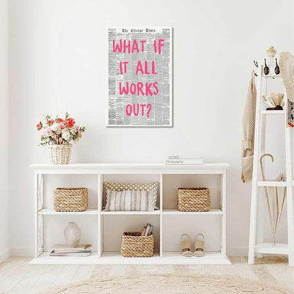 What If It All Works Out Poster Retro Newspaper Pink Font Canvas Wall Art Positive Affirming Quote Minimalist Prints Painting For Home Bedroom Dorm Wall Decor 24x36in Wframed