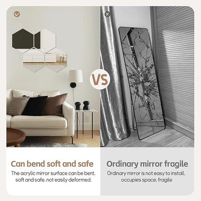Abyssaly Hexagon Mirror Stickers for Walls 4 Pack 11.8''x11.8'' Self Adhesive Flexible Acrylic Wall Mirrors Decorative Peel and Stick Mirror Tiles 2mm Thick Stick on Mirrors for Wall Door Locker