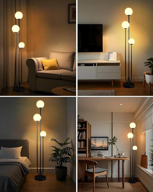 63IN 3-Light Dimmable Floor Lamp, Unique Black Tall Standing Lamps with 3000K Bulbs for Reading, Mid Century Modern Floor Lamp with 5Lbs Heavy Base for Living Room Bedroom Office