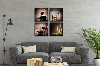 Wieco Art Red Wine Cups Modern Kitchen Wall Art Dinning Room Wall Decor 4 Panels Abstract Canvas Prints Artwork Contemporary Vintage Pictures Paintings on Canvas Wall Art for Kitchen Home