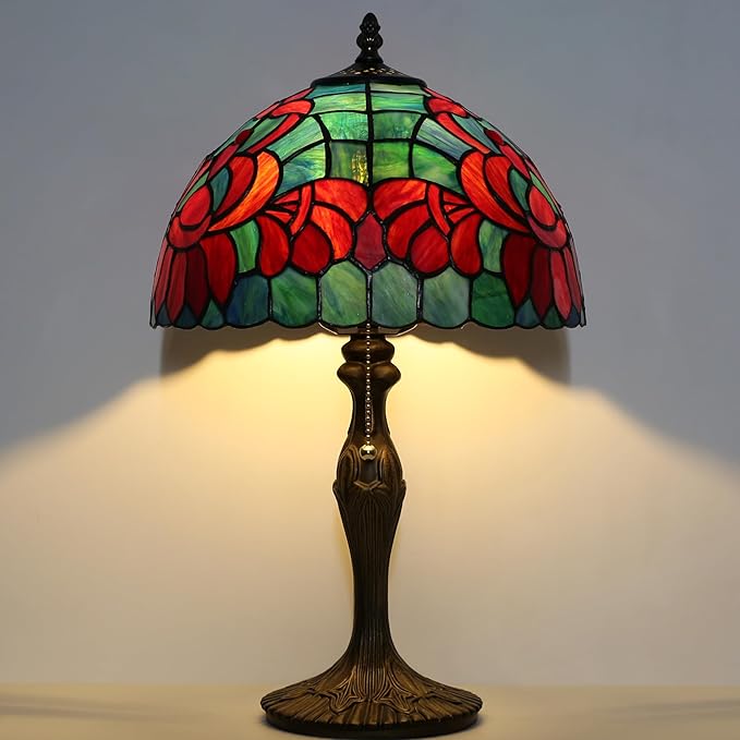 Tiffany Lamp Stained Glass Table Lamp Bedside Reading Lamp 12 x 19” Lotus Style Decorative Lamp for Desk Living Room Bedroom Study Office Light Home Decor Ambient Gift