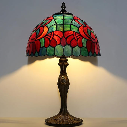 Tiffany Lamp Stained Glass Table Lamp Bedside Reading Lamp 12 x 19” Lotus Style Decorative Lamp for Desk Living Room Bedroom Study Office Light Home Decor Ambient Gift