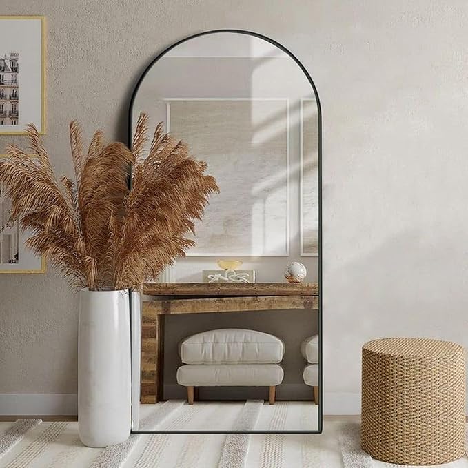 Floor Length Mirror, 76"x34" Arch Full Length Mirror Hanging or Leaning, Body Mirrors with Stand, Arched-Top Wall Mounted Mirrors with Aluminum Frame for Bedroom (Black)