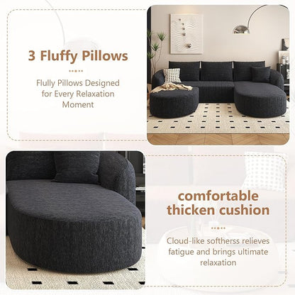 Settab 111" Modular Sectional Couches Luxury Modern Curved Back U-Shape Sofa Set with Ottoman,Minimalist Comfy Boneless Cloud Couch for Living Room Apartment,(Right Facing Chaise,Black)